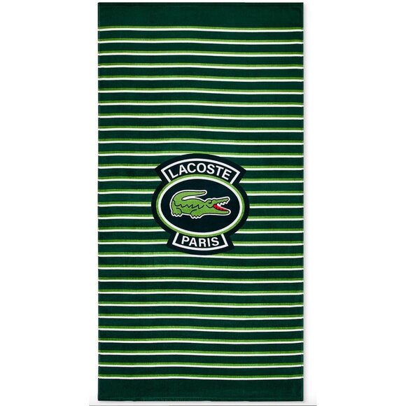 NIP Lacoste Paris Croc Logo Beach Towel Green Striped 36x72 Cotton Velour Pool - Picture 1 of 4